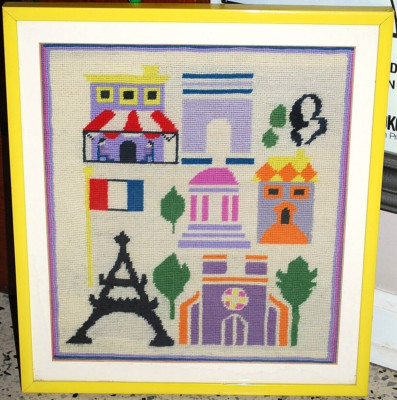 Vtg PARIS, FRANCE Completed Needlepoint Embroidery Art FRAMED UNDER GLASS 17.5''