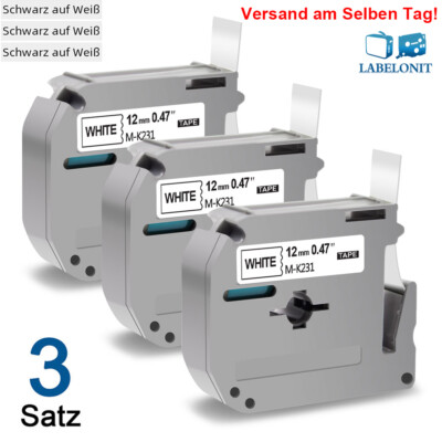 3x M-K231 MK-231 12mm Schriftband für Brother P-Touch 60 65 75 80 85 90 Weiß