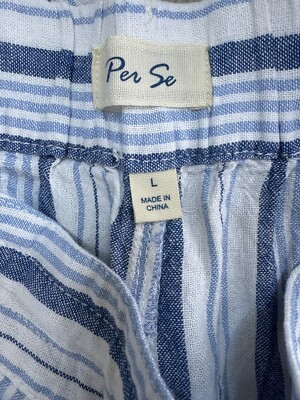Per Se Womens Linen Blend Crop Pants Wide Leg Blue Stripe Size