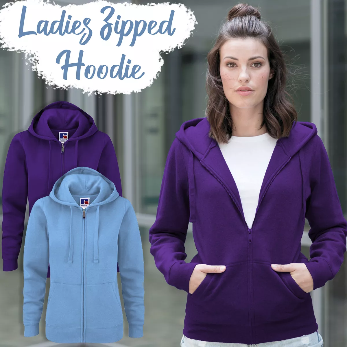 Ladies Hooded Zipped Sweatshirt Cotton Rich Womens Zip Up Hoodie Pockets  Zipper