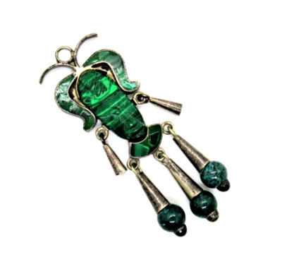 Exklusiver Vintage Anhänger Maya Maske Malachit 925 Sterling Silber Taxco Mexiko