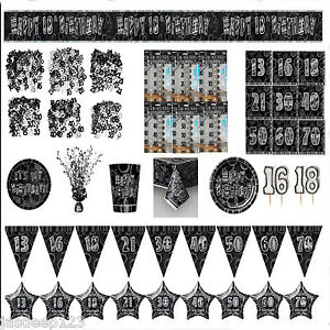 Birthday Party Range Tableware Decorations BLACK & SILVER GLITZ ALL AGES 