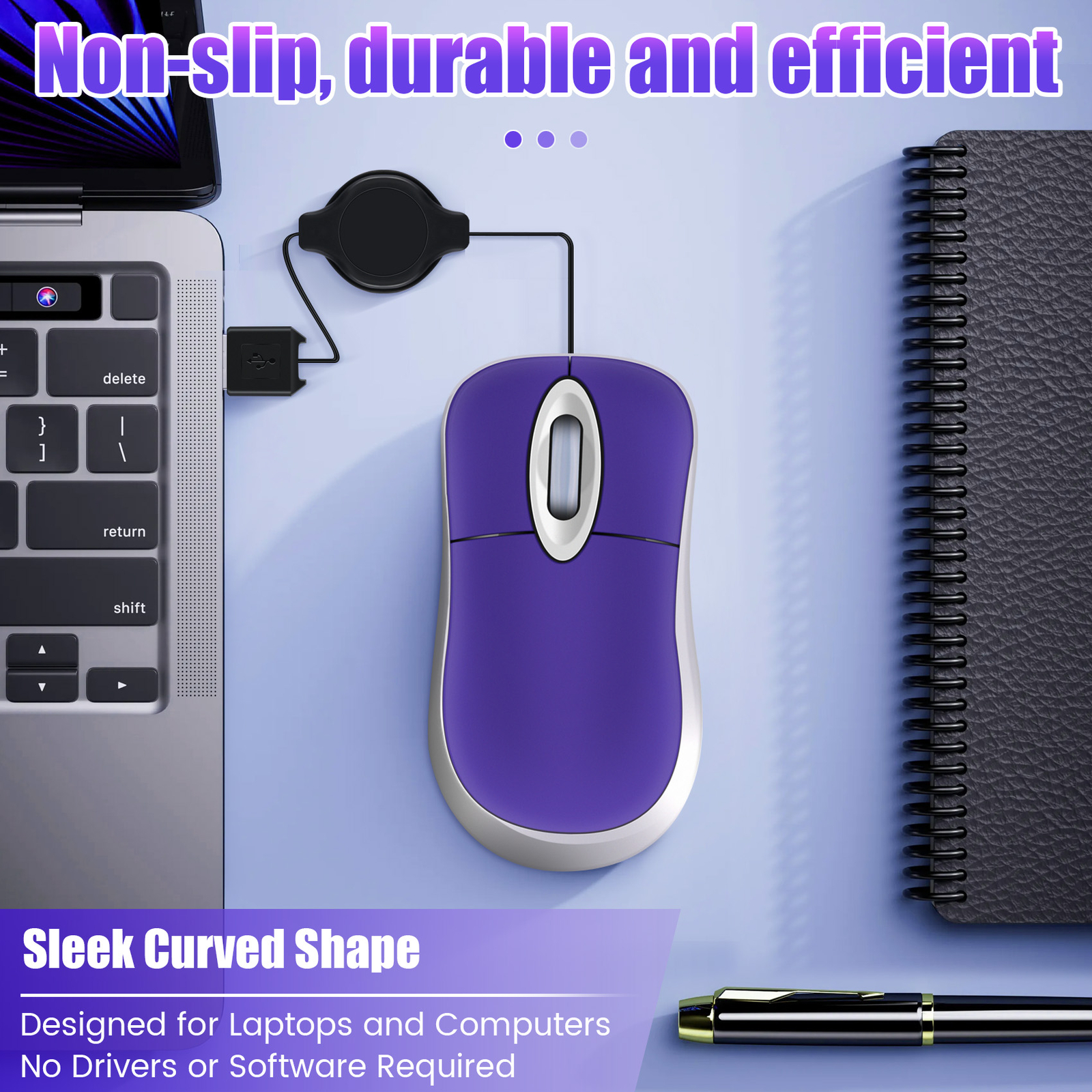USB Wired Retractable Compact Optical Mouse 1600 DPI Tiny Design