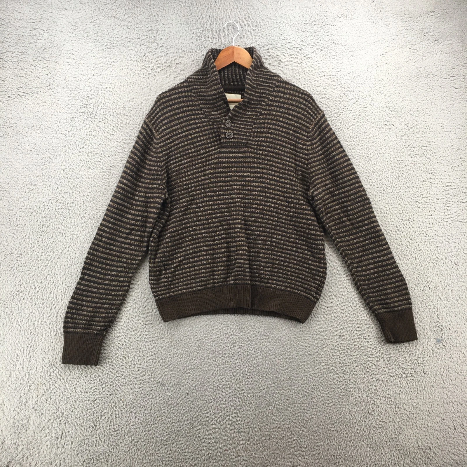 Haggar Henley Sweater Mens L Black Multicolor Wool Blend Striped Shawl Collared