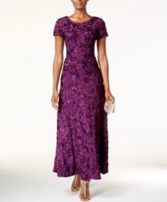 ALEX EVENINGS Rosette Lace Cap Sleeve A-Line Gown In Eggplant Wmns 10 New 269