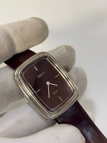 Vintage 1970s Agon Swiss Burgundy Dial TV Case Manual Wind Watch 31x37mm Tank image 8