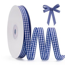3/8" Blue Gingham Ribbon 25 Yards Blue White Buffalo Plaid for Crafts
