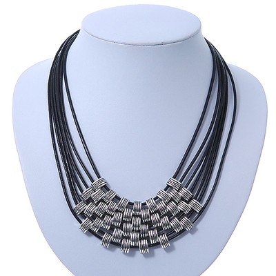 Mehrstrangige ovale Gliederkette schwarz Lederband - 42 cm Länge / 6 cm Verlängerung