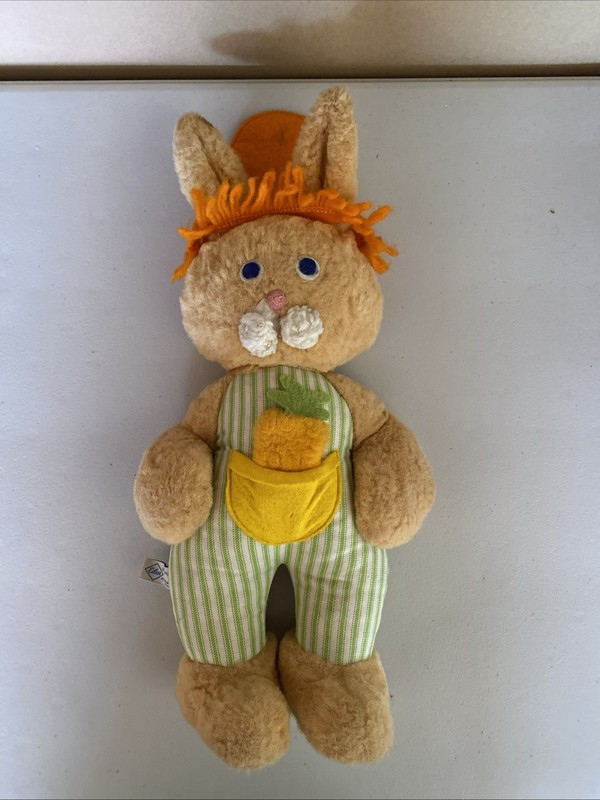 Vintage Eden Toys Stuffed Bunny Rabbit Green Ticking Overalls Likely 1950’s NY