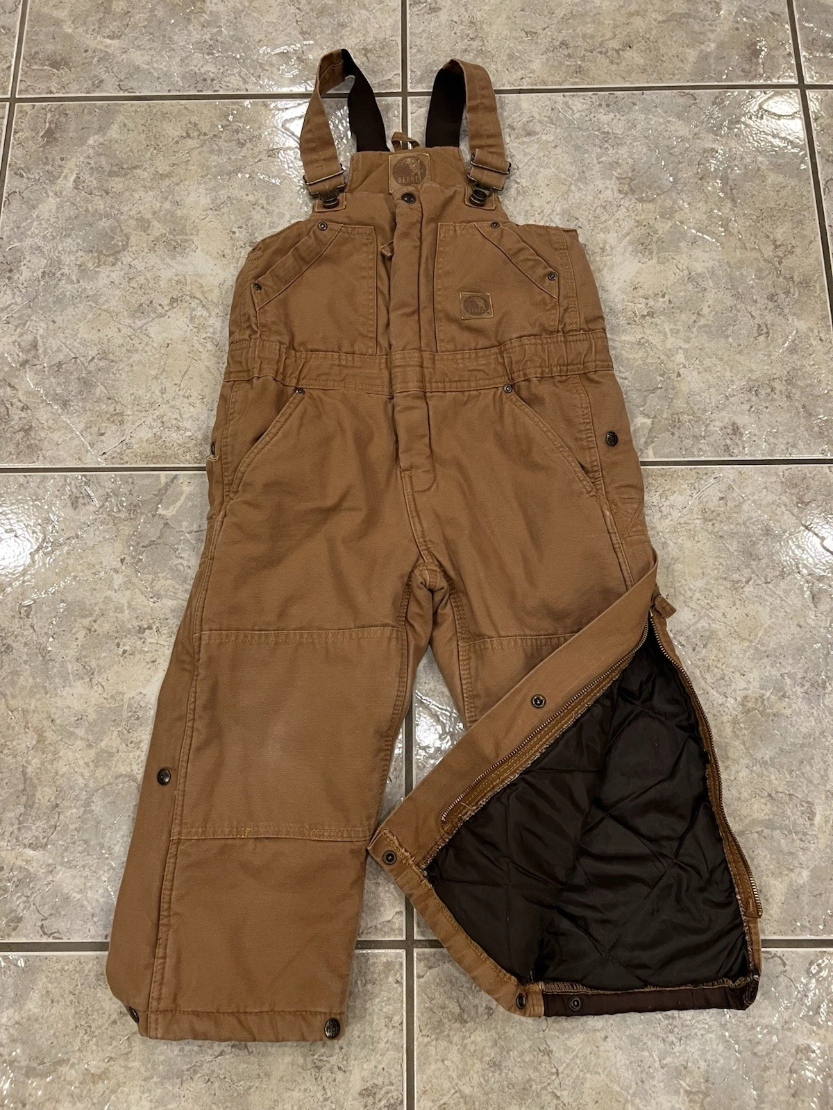 Berne Overalls Boys XS 5-6 Tan Brown Insulated Canvas Work Snow Farm Bibs Youth