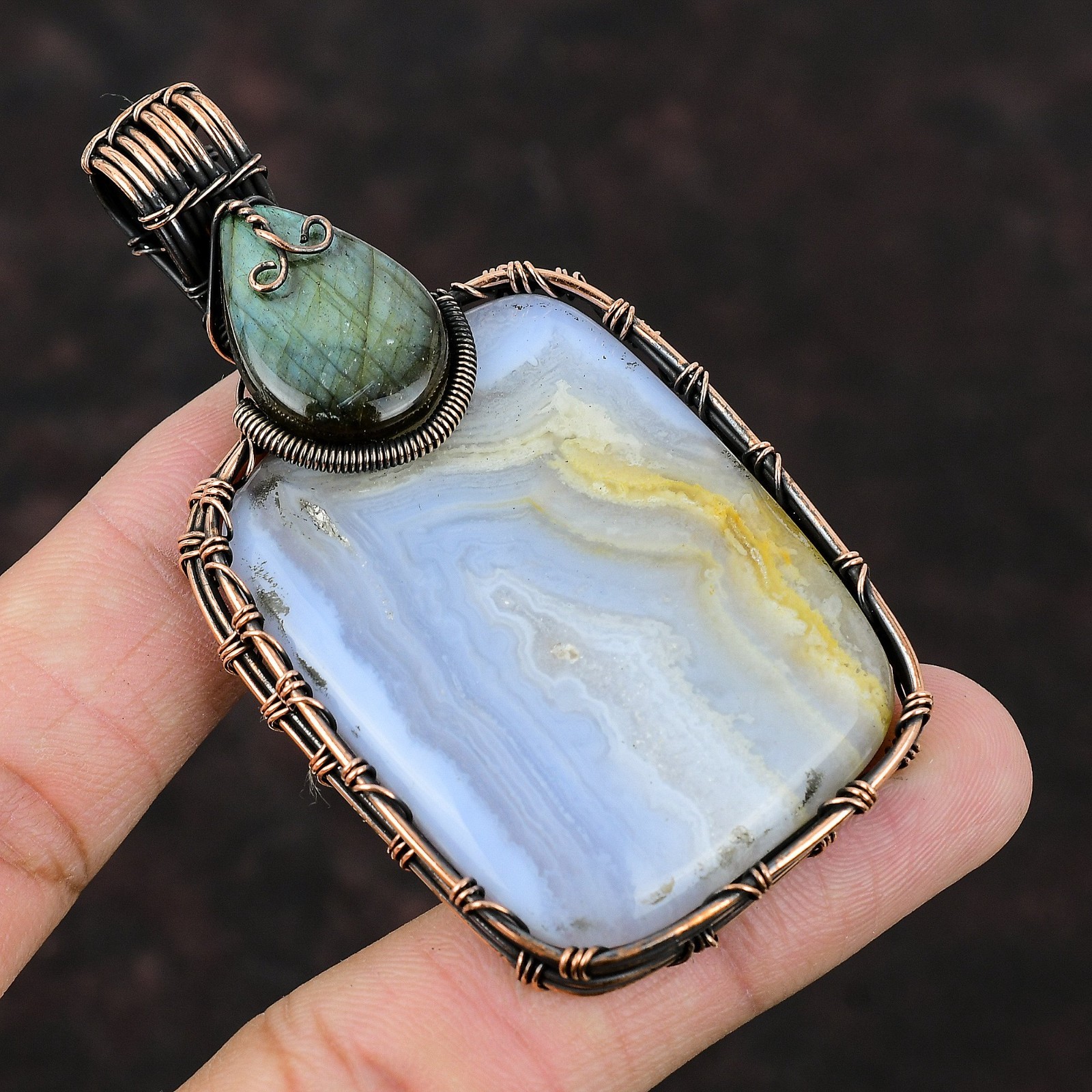Copper Natural Blue Lace Agate Labradorite Ethnic Wire Wrapped Wife Boho Pendant