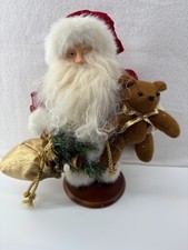 Santa Claus Figurine 14" with Teddy Bear and Gold Sack White Fluffy Beard