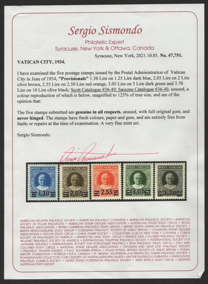 VATICAN CITY 1934 SCOTT #36-40 MINT NEVER HINGED WITH CERTIFICATE C.V. $2,900 - Image 2 of 3