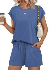 Two Piece Sets for Women Summer Crew Neck Lounge Short Sets Cap Sleeve Drawst...