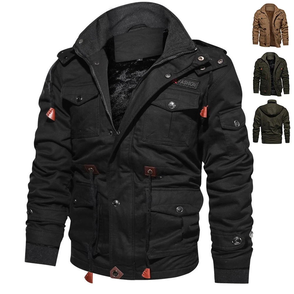 Winter Zip-up Coat Warm Thickened Detachable Hooded Jacket Multi-pocket Button
Opens in a new window