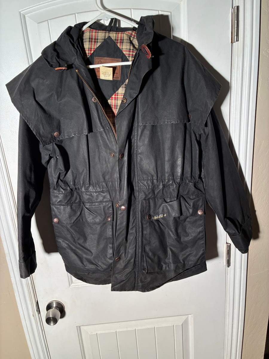 Vtg Outback Swagman Jacket Men's Small Oilskin Canvas Duster Hooded Black  T1