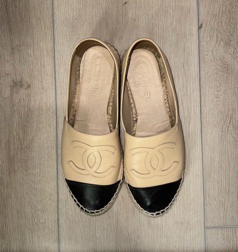CHANEL CLASSIC ESPADRILLES BEIGE BLACK LAMBSKIN Size 38 - Picture 2 of 7