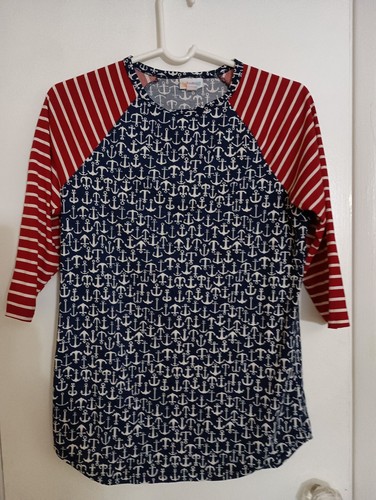 LuLaRoe Women's  3/4 Sleeve Raglan Shirt  Anchor Stripe Red White Blue Sz Small