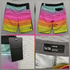 Hurley Boys Board Shorts 16/28 Ombre Rainbow Striped Quick Dry Swim Trunks NWT