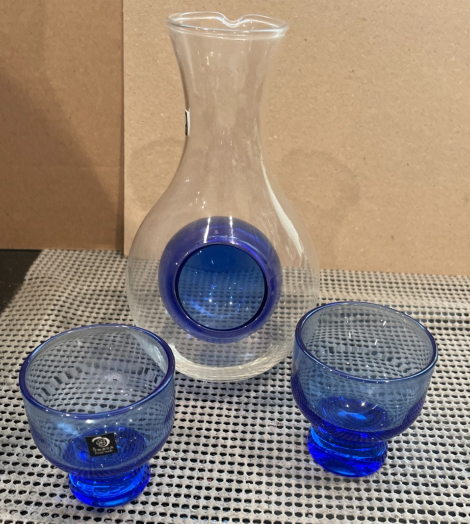 JAPANESE COLBALT BLUE INFUSED GLASS COLD SAKE SET TOKYO SASAKI