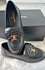 Chanel 24C Black Quilted Flap Gold CC Logo Loafers Shoes - 38 Full Set