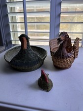 2Vintage Hand Made Wicker Rattan Swan Goose Duck Woven Basket Carved Wooden Beak