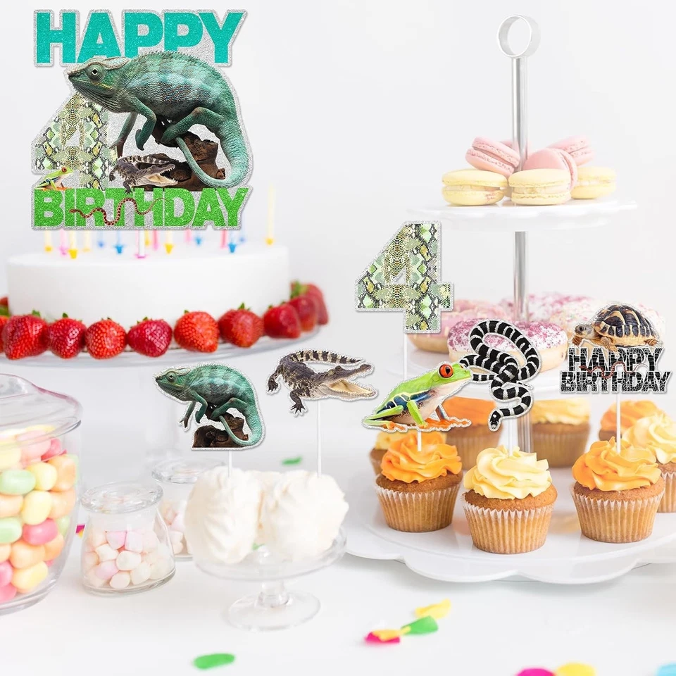 7 peças enfeites de bolo animal réptil safári lagarto selvagem cobra tartaruga 4º aniversário - Imagem 3 de 4