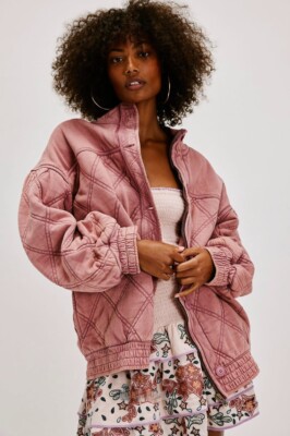 Free People Juno Jacket Quilted Oversized Bomber Button Zipper