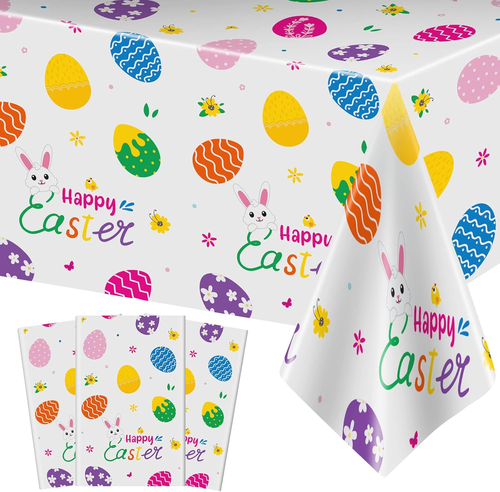 3 Pcs Easter Tablecloth-Happy Easter Bunny Table Cover, Disposable Plastic Recta - Picture 9 of 12