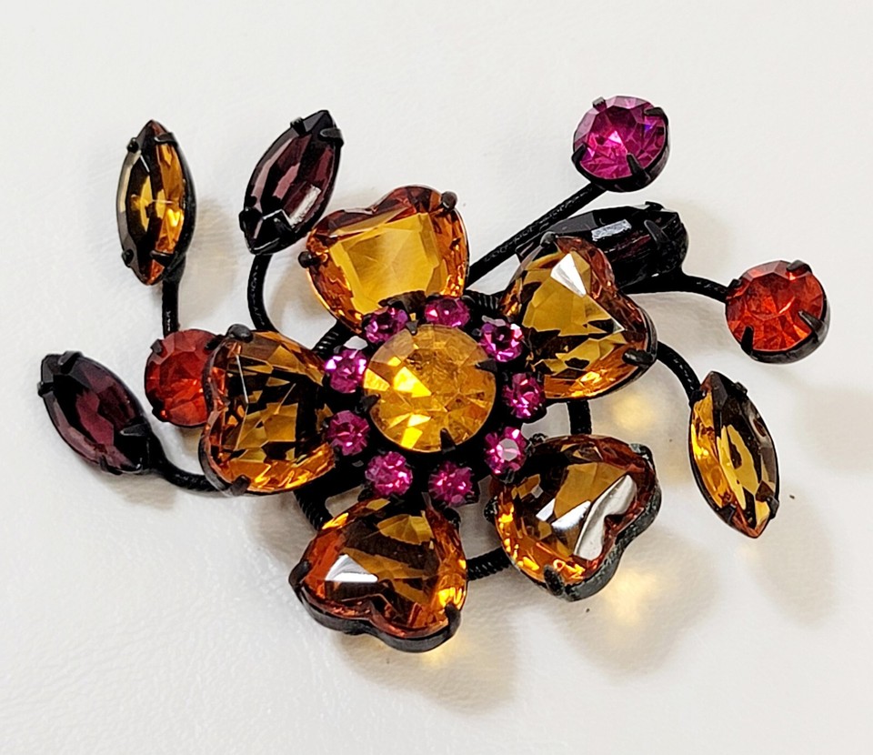 Vtg Large Black Japanned Heart Rhinestone Pink Yellow Orange Brooch eBay