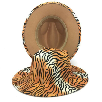 Fedora Hat With Tiger Skin Pattern Woolen Top Unisex Wide Brim