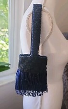 Vintage Glass Blue Beaded Purse Fringed Flapper Handbag