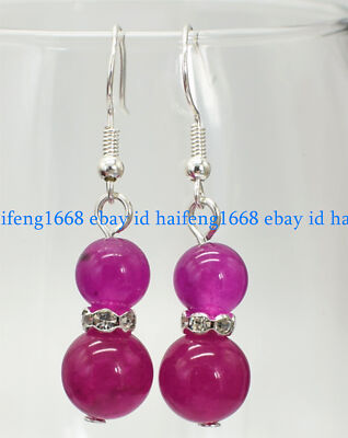 Schöne 8-10mm Natürlich Rose Jade Runde Edelstein Silber Haken Baumeln Ohrringe