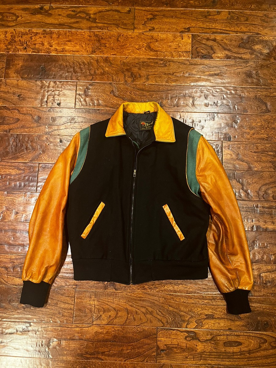 VTG Reed Sportswear Blk, Green Wool & Tan Leather Varsity Jacket