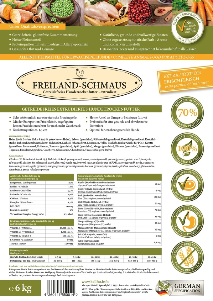 Bellfor Hunde Trockenfutter mit Gemüse Huhn Früchte Glutenfrei Getreidefrei 6 kg - Bild 2 von 4