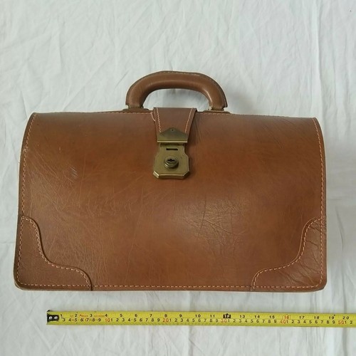 Cheney Key & Lock Satchel Attache Handle Tan Doctors Bag Vinyl Vintage Briefcase - Picture 4 of 12