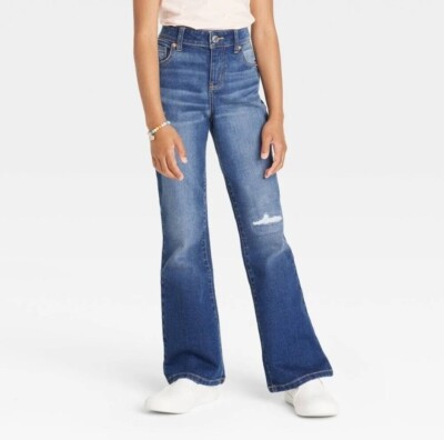 Girls' Size 6 High-Rise Flare Jeans - Cat & Jack Dark Wash Dark Blue Stretch NWT