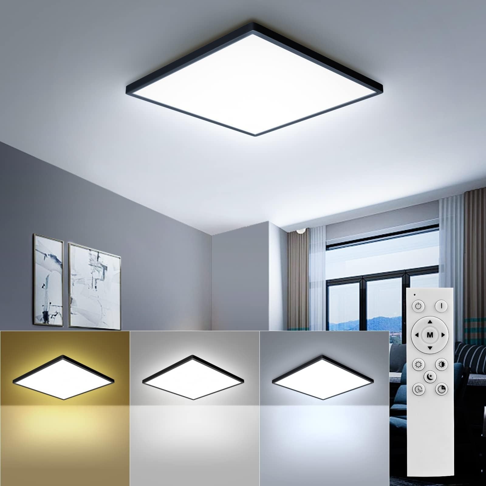 Plafonnier LED carré télécommandé pour régler la luminosité de la cuisine au salon