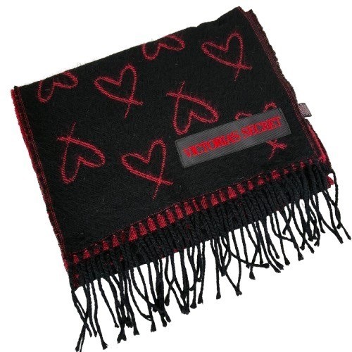 Victoria’s Secret Black Red Heart Fringe Scarf Flirty Casual Chic Style