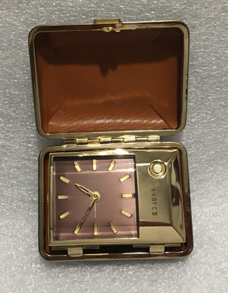 Vintage Bulova Folding Travel Mechanical Lite Alarm Clock in Case