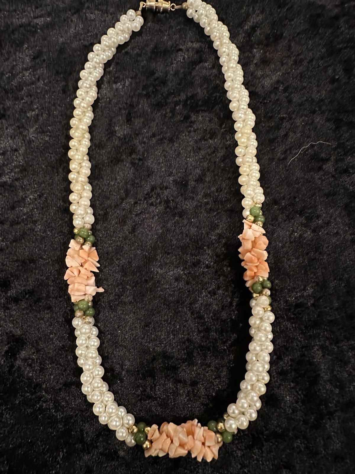 Vintage Faux Pearl, Coral, Bead And Jade Necklace