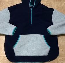 Lands' End Women s Sz L Hooded 1/4 Zip Fleece Pullover Blue Color Block