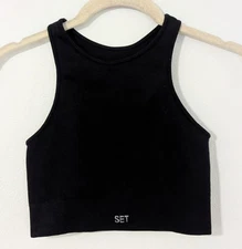 SET ACTIVE High-Neck Racerback Ribbed Tank Top Crop Brami Black Medium / Large