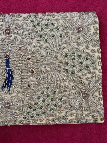 Vintage 2-Sided PEACOCK Zari Clutch Purse Silver Vermeil Thread /Wire Embroidery - Picture 14 of 17