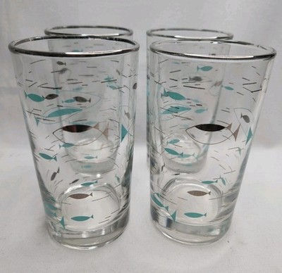 VTG Libbey Mediterranean Atomic Fish Motif Tumblers Set Of 4 MCM Retro 4 5/8''