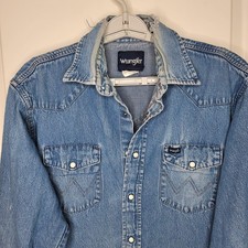 Wrangler Shirt Mens Large Blue Denim Western Pearl Snap Long Sleeve Front
