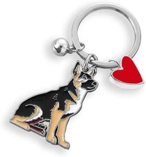 German Shepherd Dog Keychain with Heart Charm, Metal Enamel Design