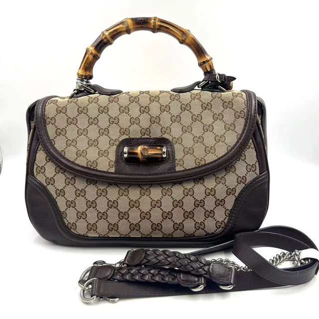 10.16 23 Gucci Brown Large GG Canvas Bamboo Satchel Beige Top Handle Bag