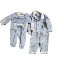 Vintage Boys Bloue Shirt Pants Lot of 4 3-6 Months Blue Surf Up Bunnies