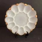 Vintage Anchor Hocking Milk Glass Deviled Egg Plate with Gold Trim Ornate Bottom